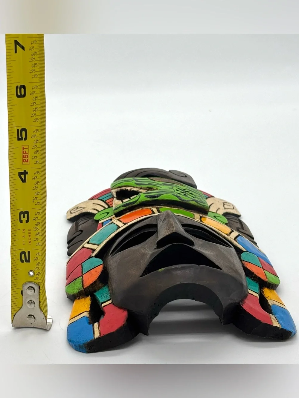 Hand Carved Wooden Mexican Mayan Face Mask Painted 3D Folk Art Wall Hanging Deco